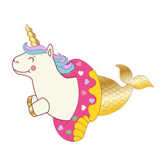 Vector illustration of a little cute white unicorn mermaid. Can be used as greeting card, sticker, kids t-shirt design, print or poster