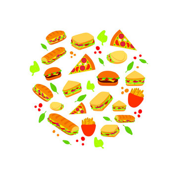 Vector fast food illustration, doodle pizza, burgers, potato, sandwiches, snack icons set.
