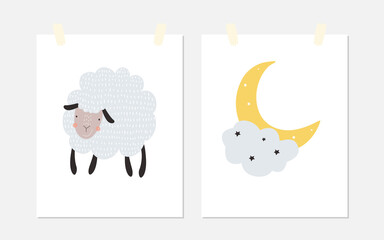 A set of posters with a cute sheep, a moon and a cloud on a white background. Vector illustration for printing on fabric, packaging paper, postcard, poster. Cute baby background for kids room