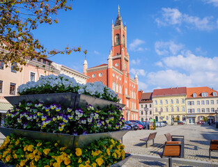 Blick auf den Marktplatz und Rathaus von Kamenz im Frühling