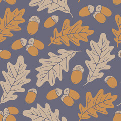 Vector seamless pattern with oak leaves and acorns. Autumn fall design.
