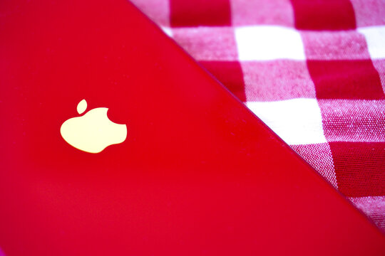 13 May 2021 Eskisehir Turkey Apple logo on red ipone close up view