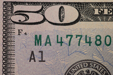 Closeup of Fifty Dollar Banknote. Federal Reserve USA banknote. USD Money and cash