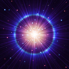 光輝く集中線、中央がまぶしく光る超新星爆発のイメージ、青い光の輪