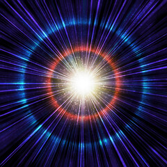 光輝く集中線、中央がまぶしく光る超新星爆発のイメージ、赤と青の光の輪