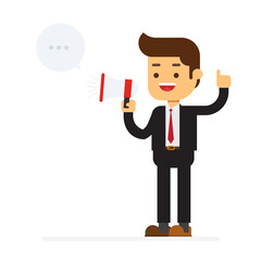 Happy businessman talking into megaphone