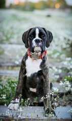 Beautiful dark brindle boxer puppy with white flowers