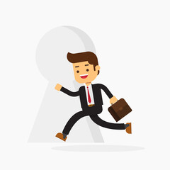 Business man with a briefcases go to a big keyhole