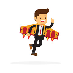 Business man flying with a jet backpack