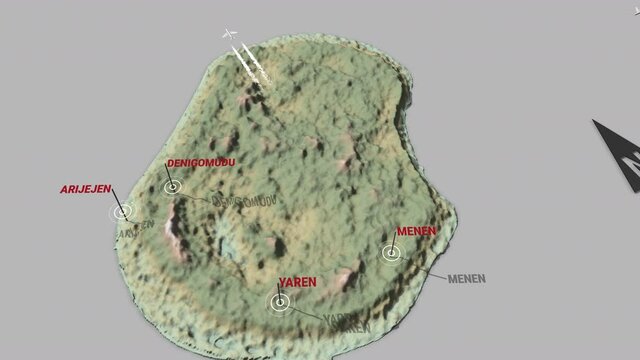 Seamless looping animation of the 3d terrain map of Nauru with the capital and the biggest cites in 4K resolution