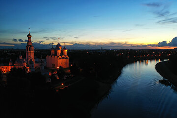 Fototapeta na wymiar vologda kremlin night, evening panorama landscape, aerial view from drone, architecture russia cathedral and church
