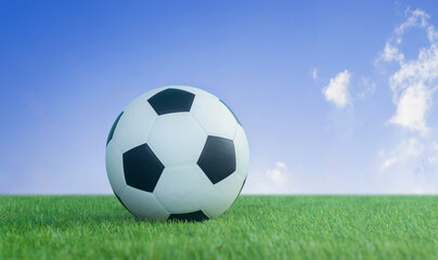 football on grass on blue sky background