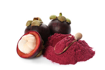 Mangosteen powder and fruits on white background