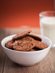 Chocolate chip cookies on a bowl. High quality photo.