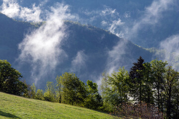 Paysage du Parc Naturel R&eacute;gional des Bauges en Savoie en France dans les montagnes des Alpes