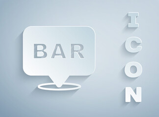 Paper cut Alcohol or beer bar location icon isolated on grey background. Symbol of drinking, pub, club, bar. Paper art style. Vector