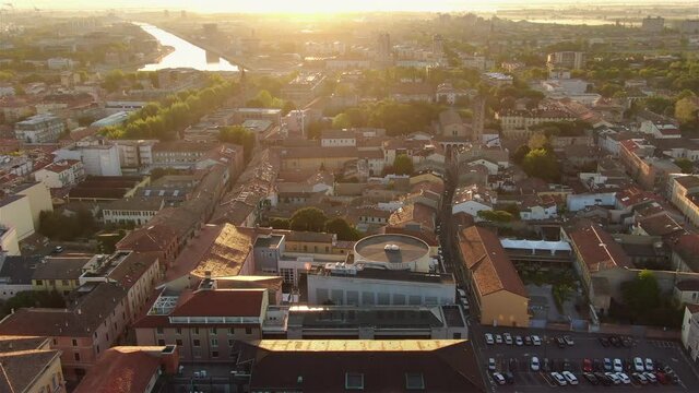 ravenna historic city centre aerial view at sunrise drone flying over downtown at dawn