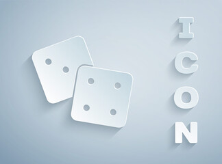 Paper cut Game dice icon isolated on grey background. Casino gambling. Paper art style. Vector