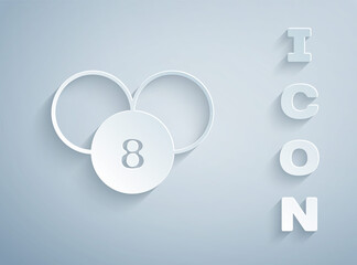 Paper cut Bingo or lottery ball on bingo card with lucky numbers icon isolated on grey background. Paper art style. Vector