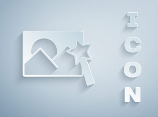 Paper cut Photo retouching icon isolated on grey background. Photographer, photography, retouch icon. Paper art style. Vector