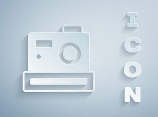 Paper cut Photo camera icon isolated on grey background. Foto camera. Digital photography. Paper art style. Vector