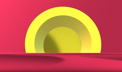 Obraz premium Pink yellow pastel color minimal studio background. Abstract 3d geometric shape object illustration render Display. Beautiful luxury background pedestal. 3d illustration, 3d rendering.