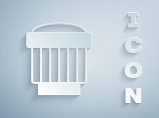 Paper cut Camera photo lens icon isolated on grey background. Paper art style. Vector