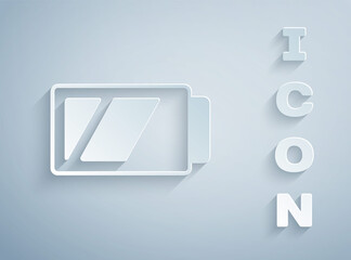 Paper cut Battery for camera icon isolated on grey background. Lightning bolt symbol. Paper art style. Vector