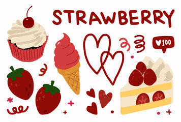 hand drawn Strawberry, red strawberries art set