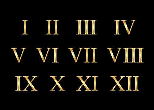 Gold Roman Numerals set collection isolated on black background. Elegant ancient number font 1 to 12 old golden luxury math for templates and  counting. Vector shiny metal retro style