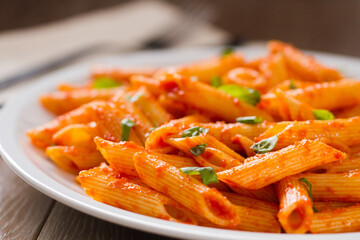 Pasta with Tomato Sauce on a plate. High quality photo.
