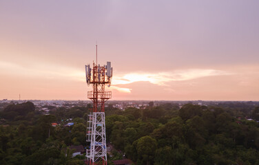 Antenna transmitting internet at Thailand in the evening, beautiful sky.