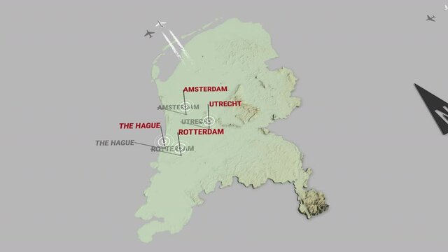 Seamless looping animation of the 3d terrain map of Netherlands with the capital and the biggest cites in 4K resolution