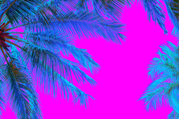 Bright blue holographic neon colored palm trees in abstract style on pink background. Night club beach party flyer template. Retro style creative summer design concept. Open composition. Copy space.