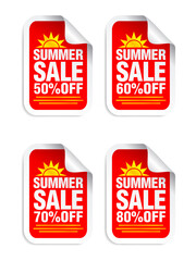 Summer Sale red sticker set. Sale 50%, 60%, 70%, 80% off. Stickers with yellow sun icon. Vector illustration