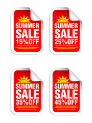 Summer Sale red sticker set. Sale 15%, 25%, 35%, 45% off. Stickers with yellow sun icon. Vector illustration