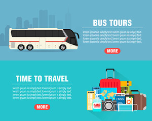Bus tours concept design flat banners set. Time to travel. Travel icon. Safe journey. Vector  illustration