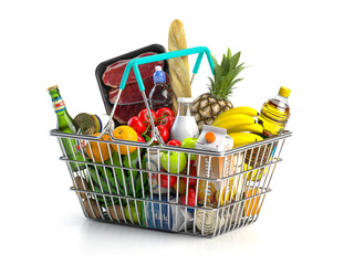 Shopping basket full of variety of grocery products, food and drink isolated on white background. - 433810120