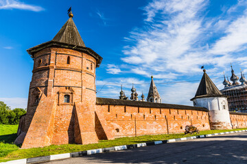 Fototapeta na wymiar The Archangel Michael Monastery in the center of the city in the ring of ancient earthen ramparts of the 12th century, left over from the city Kremlin. Yuryev-Polsky, Russia