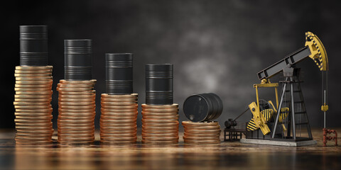 Oil pump jack and barrels on stacks of coins. Decrease of price of crude oil or oil explorati concept. Stock market of crude oil, investment. - obrazy, fototapety, plakaty