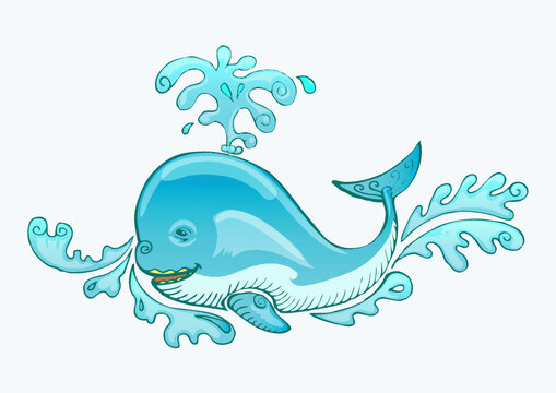 cute blue whale with splash water hand draw illustration vector 