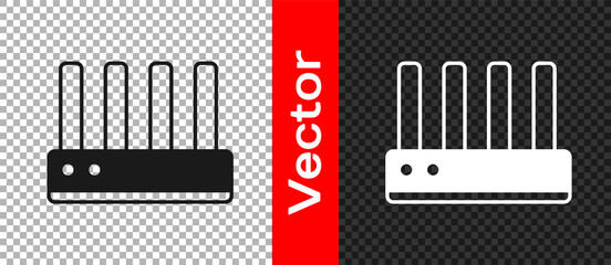 Black Router and wi-fi signal icon isolated on transparent background. Wireless ethernet modem router. Computer technology internet. Vector
