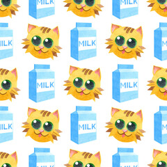 A seamless pattern of funny red cats and cardboard boxes of milk. Creative children's texture. Watercolor illustrations on a white background. For fabric, baby textiles, websites, wallpaper, packaging