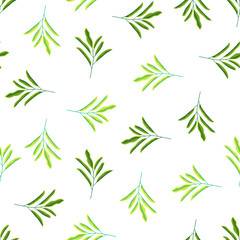 Minimalistic botanic style seamless pattern with green leaf branches shapes on liht background.