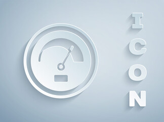 Paper cut Speedometer icon isolated on grey background. Paper art style. Vector