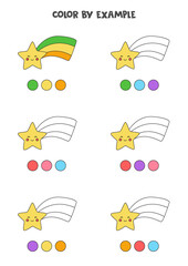 Color cute clouds with rainbow star by examples. Worksheet for kids.