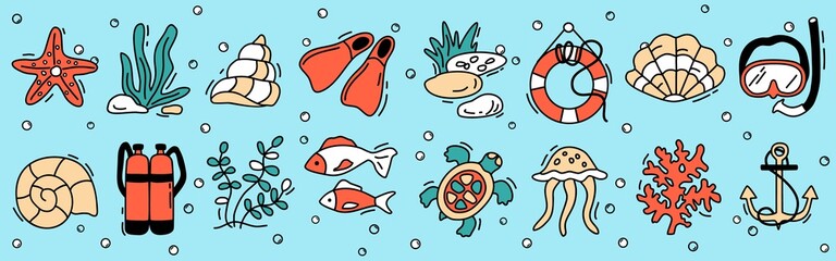 Underwater world. Vector set of contour illustrations on an isolated background. Shells, seaweed, turtle, fish, diving. Flat style. Elements for marine decor, stickers, postcards, background.