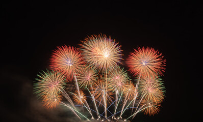 International fireworks festival display at night. Variety of colorful fireworks in holidays celebration isolated on black. Happy New Year Background. © tampatra