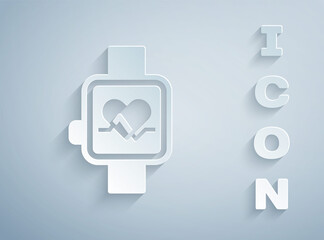 Paper cut Smart watch showing heart beat rate icon isolated on grey background. Fitness App concept. Paper art style. Vector