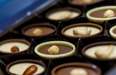 close up of chocolate candies, Chocolate candies in a box, hazelnut almond and cashew nuts in choco sweets, raw vegan chocolate. delicious gift box, sweet temptation